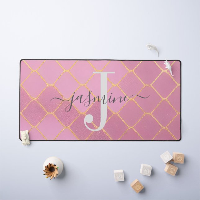 Gold & Pink Glitter Monogram Script Desk Mat (Kids Table)