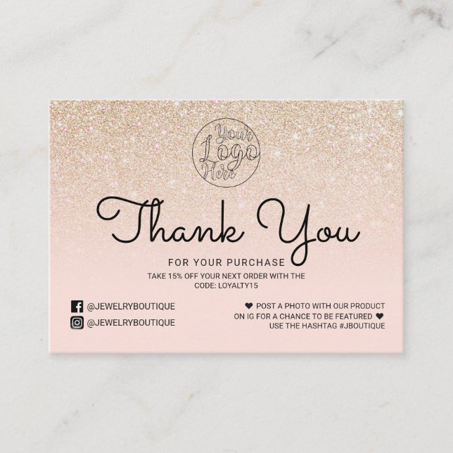 Gold Pink Glitter Ombre Customer Thank You Business Card (Front)