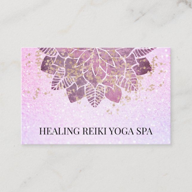 *~* Gold Pink Glitter Yoga Spiritual Reiki Mandala Business Card (Front)