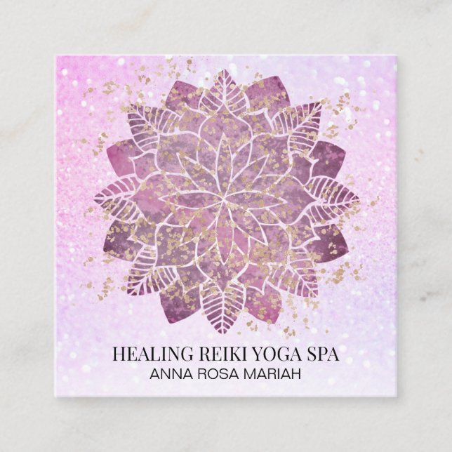 *~* Gold Pink Glitter Yoga Spiritual Reiki Mandala Square Business Card (Front)