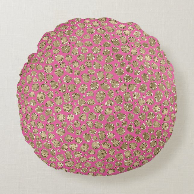 Gold Pink Glitz Leopard Print Round Cushion (Front)