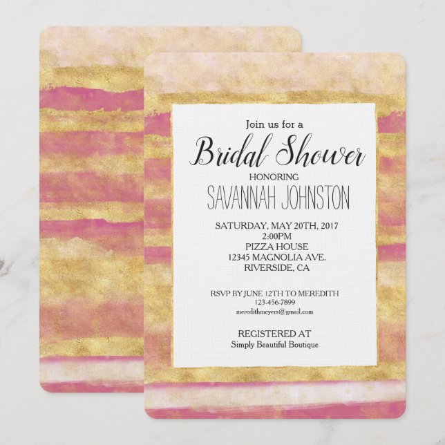 Gold Pink Glitz Stripes Bridal Shower Invitation (Front/Back)