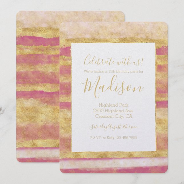 Gold Pink Glitz Stripes Invitation (Front/Back)