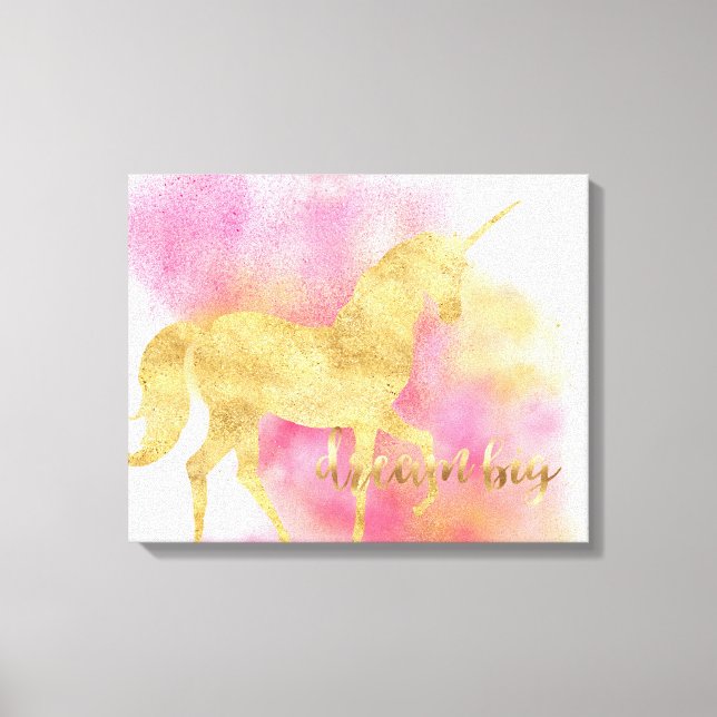 Gold Pink Glitzy Dream Big Unicorn Canvas Print (Front)