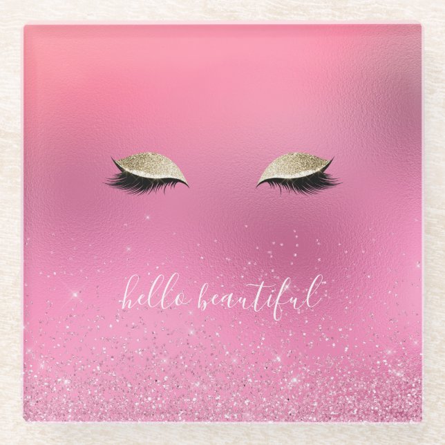 Gold Pink Glitzy Eyes Glass Coaster (Front)