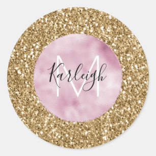 Gold Pink Glitzy Glitter Monogram personalised Classic Round Sticker