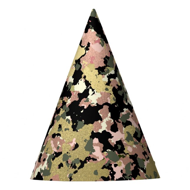 Gold Pink Green Black Camouflage Birthday Party Hat (Front)
