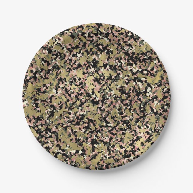 Gold Pink Green Black Camouflage Birthday Party Paper Plate (Front)