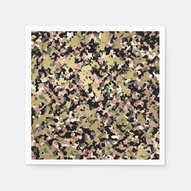 Gold Pink Green Black Camouflage Pattern Party Napkin (Front)