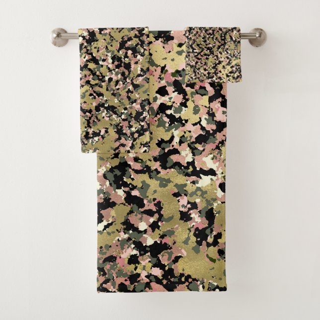 Gold Pink Green Black Camouflage Pattern Print Bath Towel Set (Insitu)