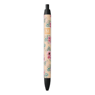 Gold   Pink & Green Floral Monogram Black Ink Pen