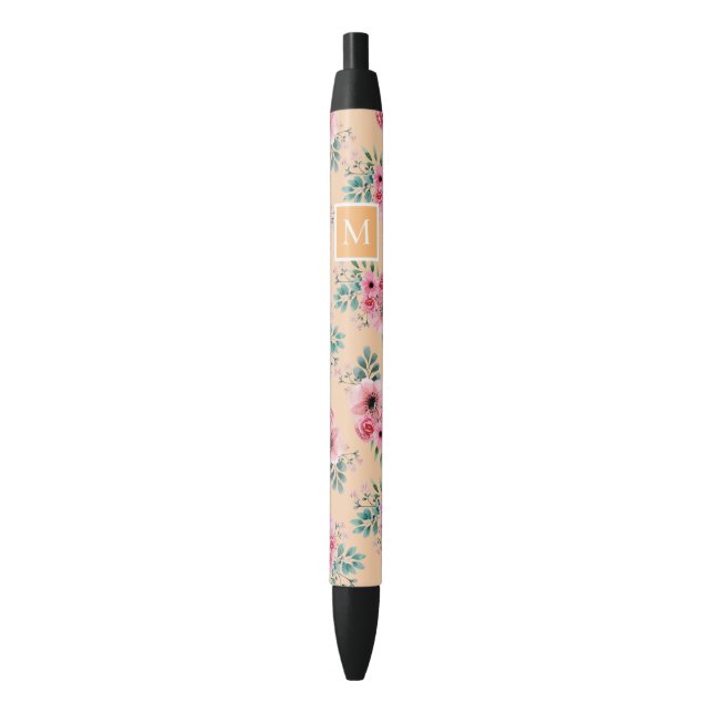 Gold | Pink & Green Floral Monogram Black Ink Pen (Front Vertical)