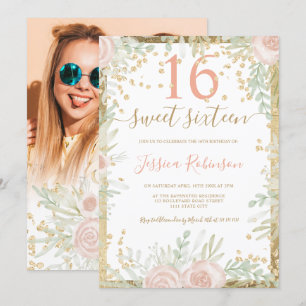 Gold pink green floral watercolor Sweet 16 photo Invitation