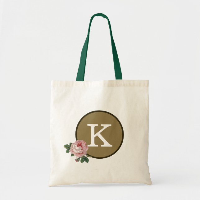 Gold Pink Green Rose Pattern Elegant Monogram Tote (Front)