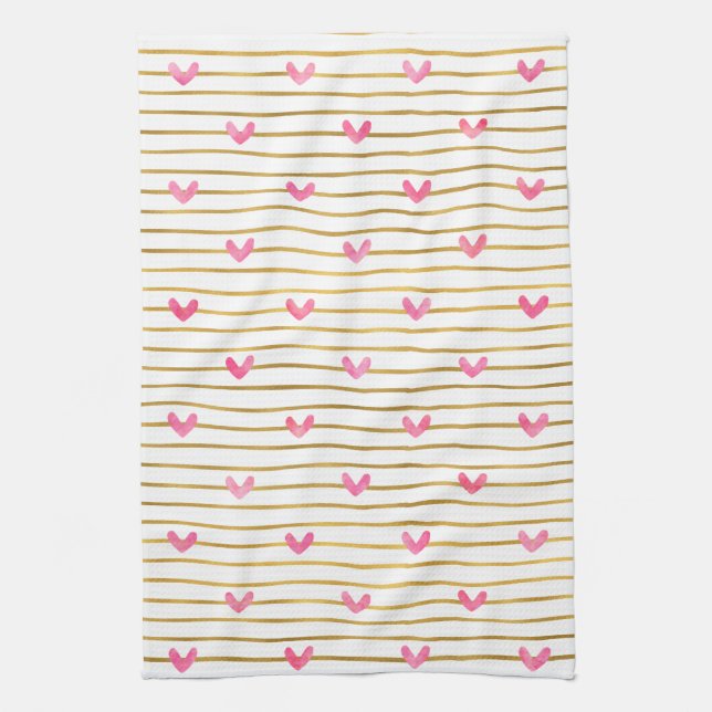 Gold Pink Hearts and Stripes Tea Towel (Vertical)