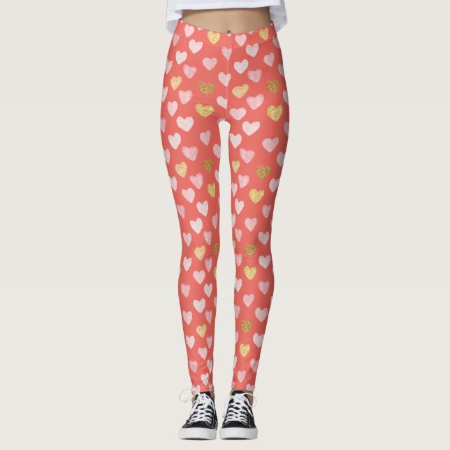 Gold Pink Hearts Pattern Leggings (Front)