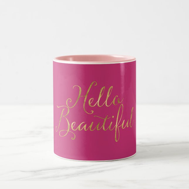 Gold Pink Hello Beautiful Two-Tone Coffee Mug (Center)