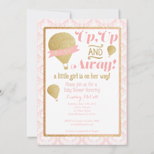 Gold Pink Hot Air Balloon Baby Shower Invitation (Front)