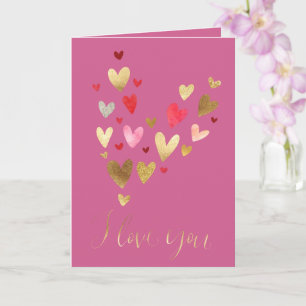 Gold Pink I love you Hearts Card