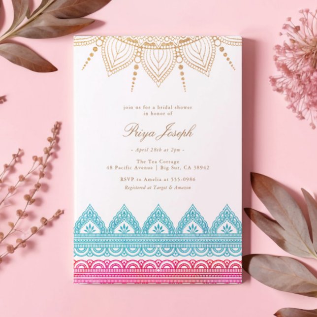 Gold Pink Indian Henna Bridal Shower Invitation (Creator Uploaded)