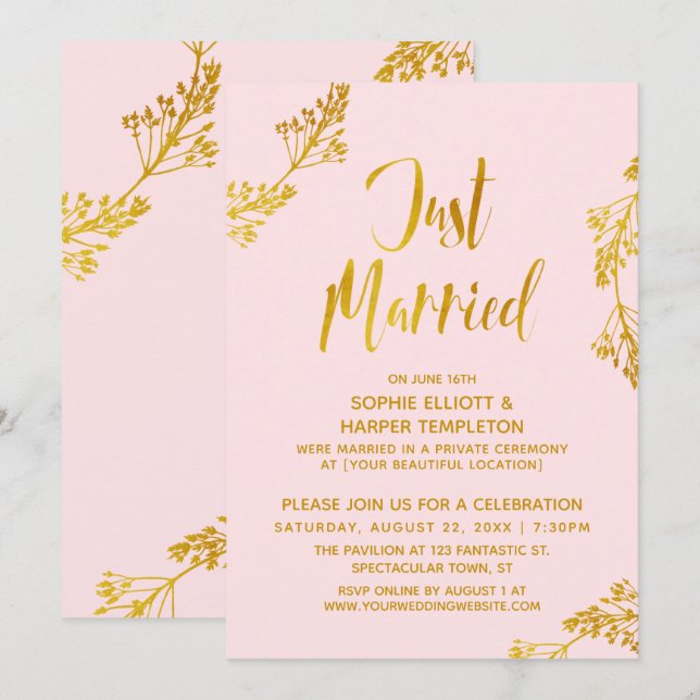 Gold & Pink Just Married Post Wedding Party Invitation (Front/Back)