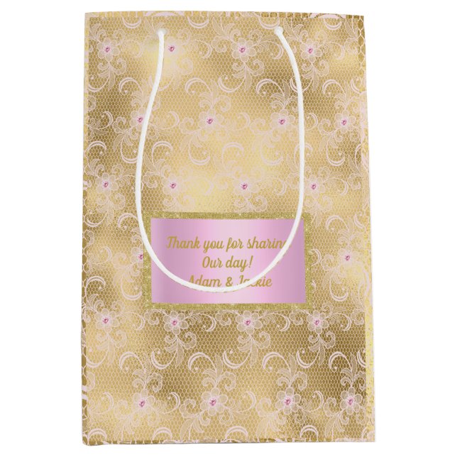 Gold pink lace elegant gift bag favour bag new (Front)
