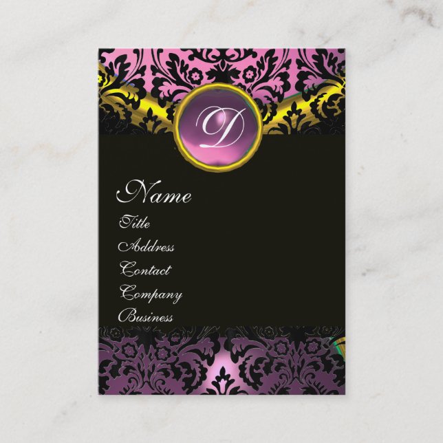 GOLD PINK LAVENDER  BLACK AMETHYST DAMASK MONOGRAM BUSINESS CARD (Front)