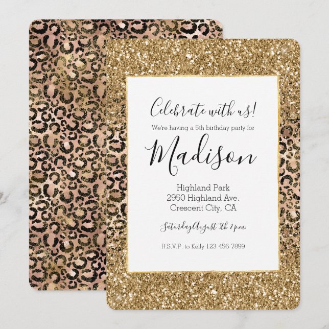 Gold Pink Leopard Print Glitter personalised Invitation (Front/Back)