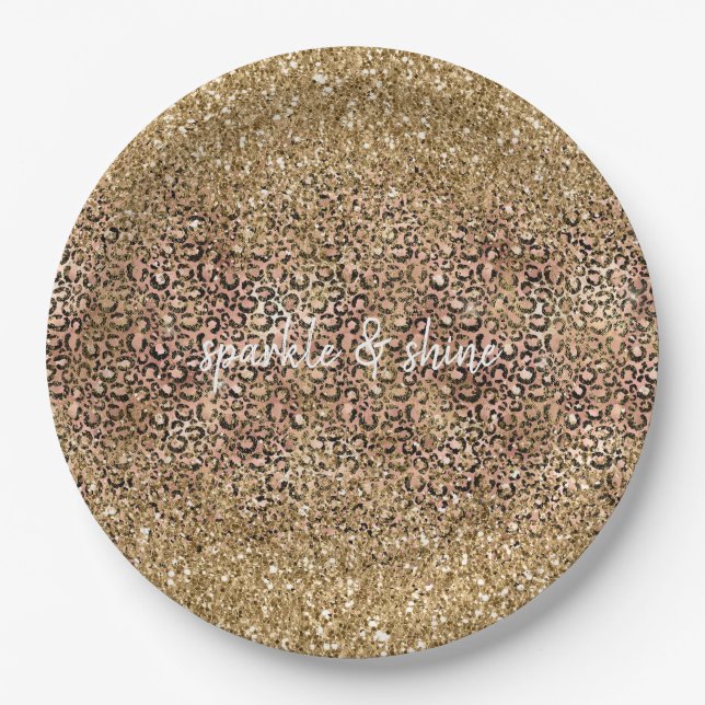 Gold Pink Leopard Print Glitter personalised Paper Plate (Front)