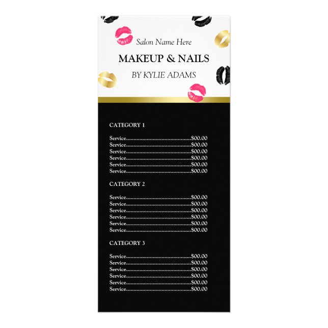 Gold & Pink Lipstick Marks Makeup Price List Rack Card (Front)