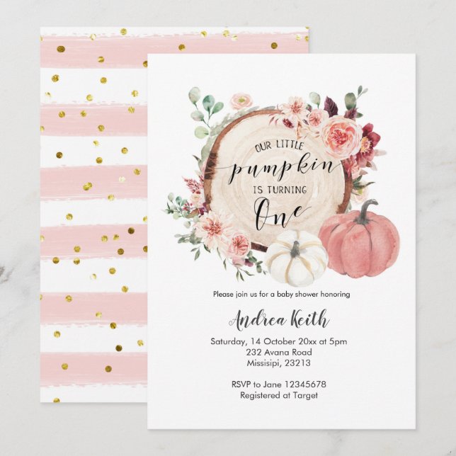 Gold Pink little pumpkin is turning one invitation (Front/Back)