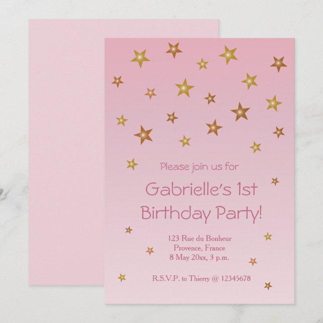 Gold Pink Little Stars Sweet Baby Kids Birthday Invitation (Front/Back)