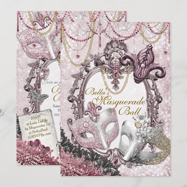 Gold Pink Masquerade Birthday Party Invitations (Front/Back)