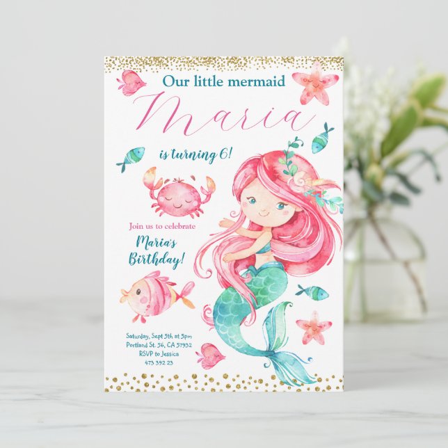 Gold Pink Mermaid Birthday Invitation (Standing Front)