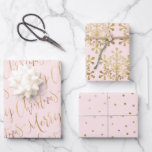 Gold Pink Merry Christmas Script Snowflakes Stars Wrapping Paper Sheet<br><div class="desc">Christmas gift wrapping paper set feature faux gold modern calligraphy merry Christmas script,  bold snowflakes and star pattern on colour editable pink background. 
Select "Click to customise further" to custom background colour or adjust pattern size.</div>