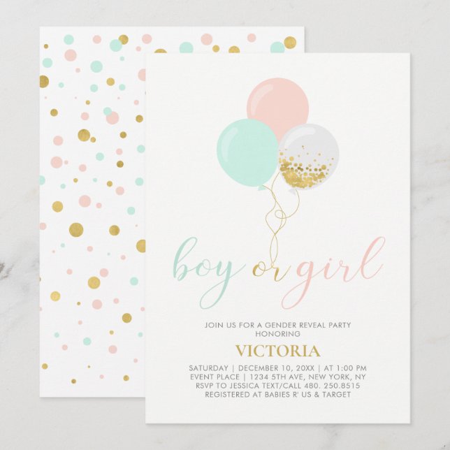 Gold, Pink, Mint | Gender Reveal Baby Shower Invitation (Front/Back)