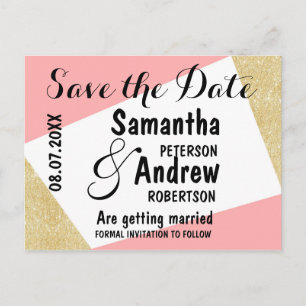 Gold pink modern colour block save the date announcement postcard