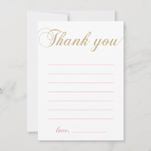 Gold & Pink | Modern Girl Party Thank You Note Card (Front)