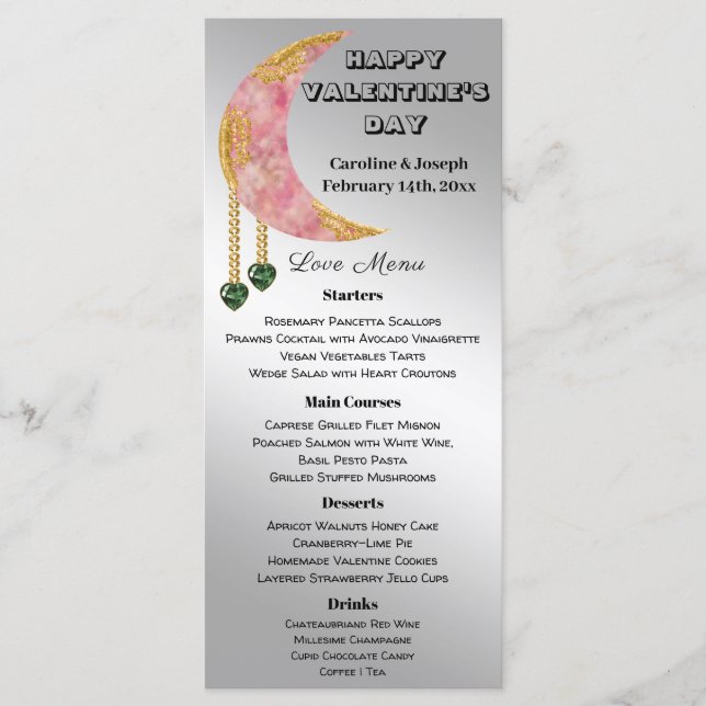 Gold Pink Moon Green Heart Jewel Valentine’s Day Menu (Front)
