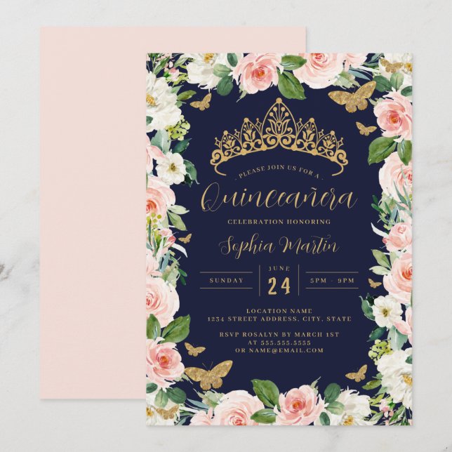 Gold Pink Navy Burgundy Floral Tiara Quinceanera  Invitation (Front/Back)
