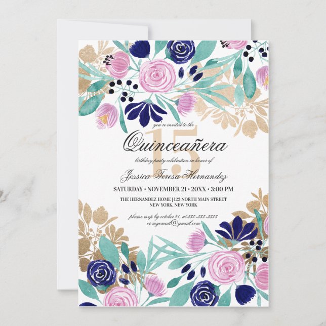 Gold Pink Navy Floral Watercolor Quinceañera Invitation (Front)