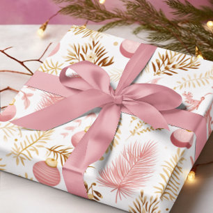 Gold & Pink Ornaments & Greenery Pattern Wrapping Paper