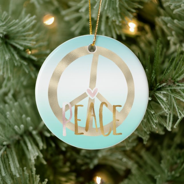 Gold Pink Peace Sign Inspirational Quote Ceramic Tree Decoration (Tree)