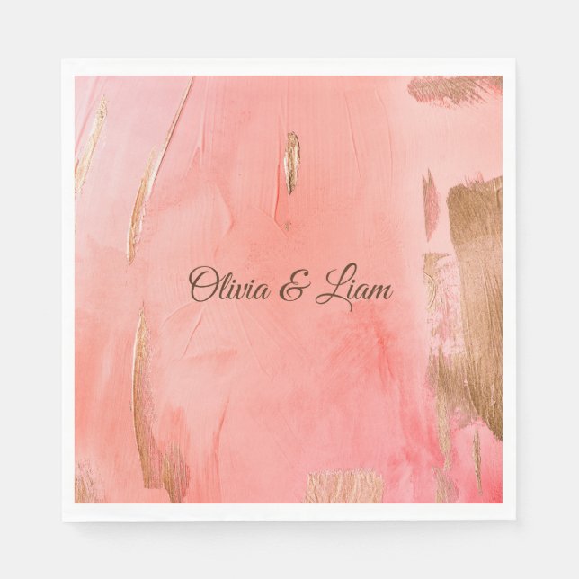 Gold Pink Peach Brown Name Elegant Wedding Napkin (Front)