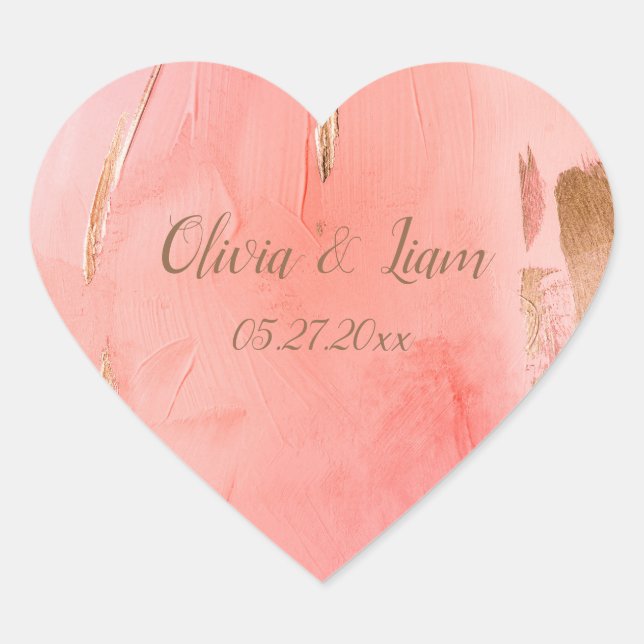 Gold Pink Peach Name Date Elegant Wedding Heart Sticker (Front)