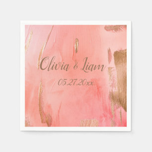 Gold Pink Peach Name Date Elegant Wedding Napkin
