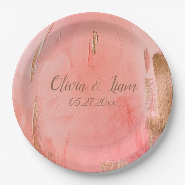 Gold Pink Peach Name Date Elegant Wedding Paper Plate (Front)