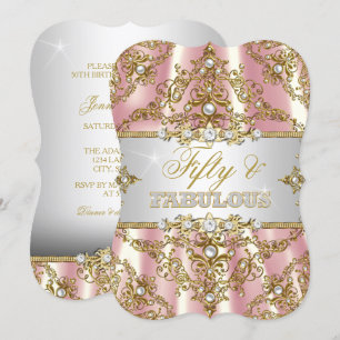Gold Pink Pearl Damask Fifty and Fabulous Invitation