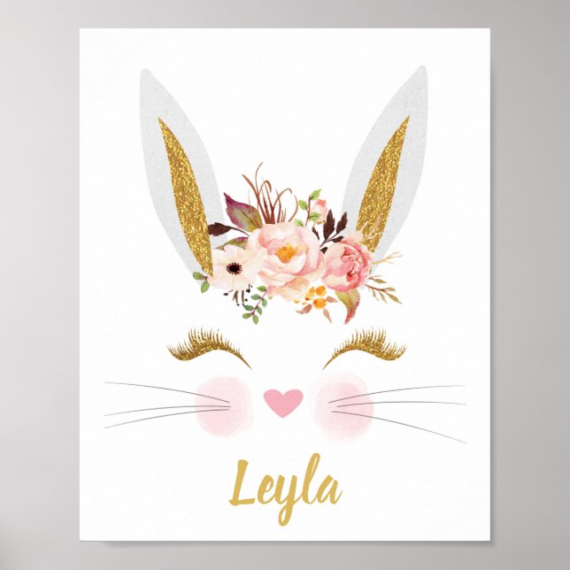 Gold Pink Peony Rabbit face Print Nursery Poster (Front)