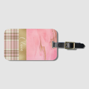Gold Pink Plaid Abstract Watercolor Name Luggage Tag